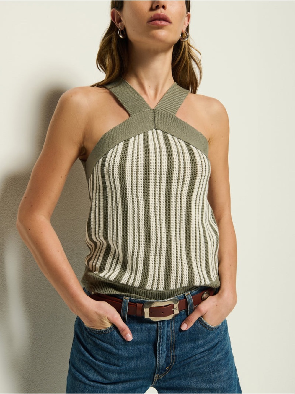 Nation LTD Olive and Cream Striped Halter Tank